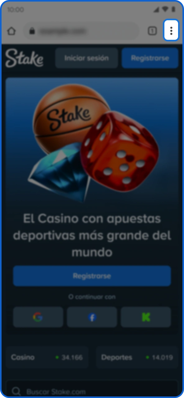 Abre el menú del navegador para obtener la aplicación de Stake para Android.