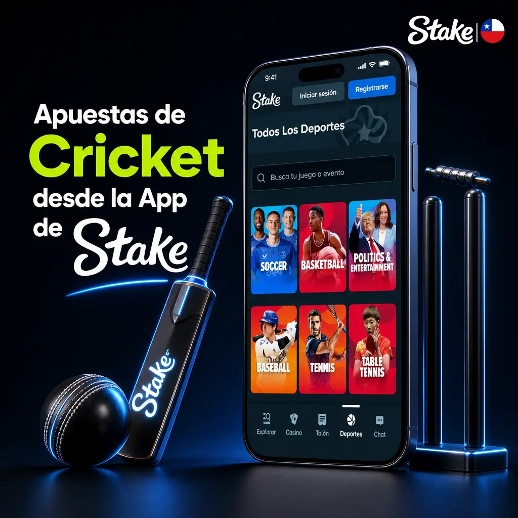 Aplicación de Stake para apostar en cricket en vivo y prepartido desde el celular, con registro y depósito fácil en Chile.