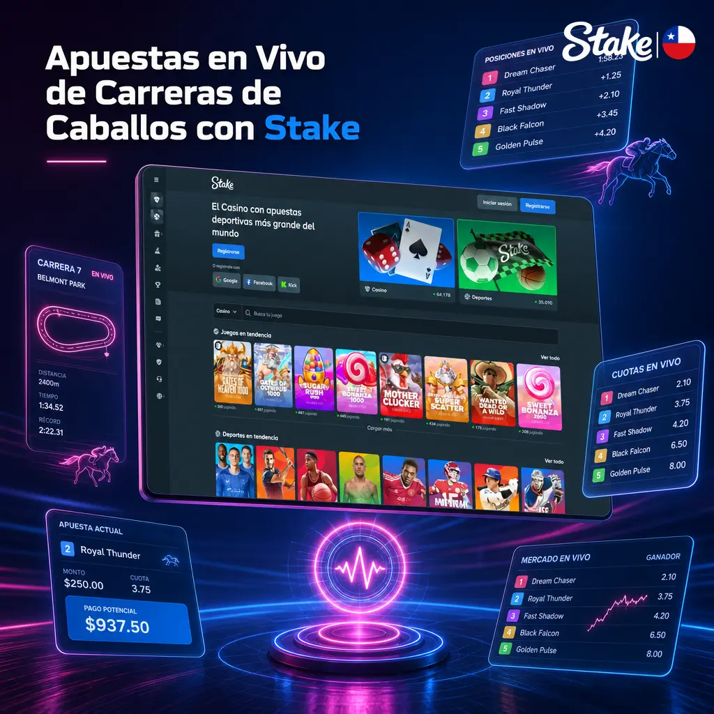 Apuestas en vivo de carreras de caballos en Stake: cuotas en tiempo real, cash out y estadísticas actualizadas durante la carrera.