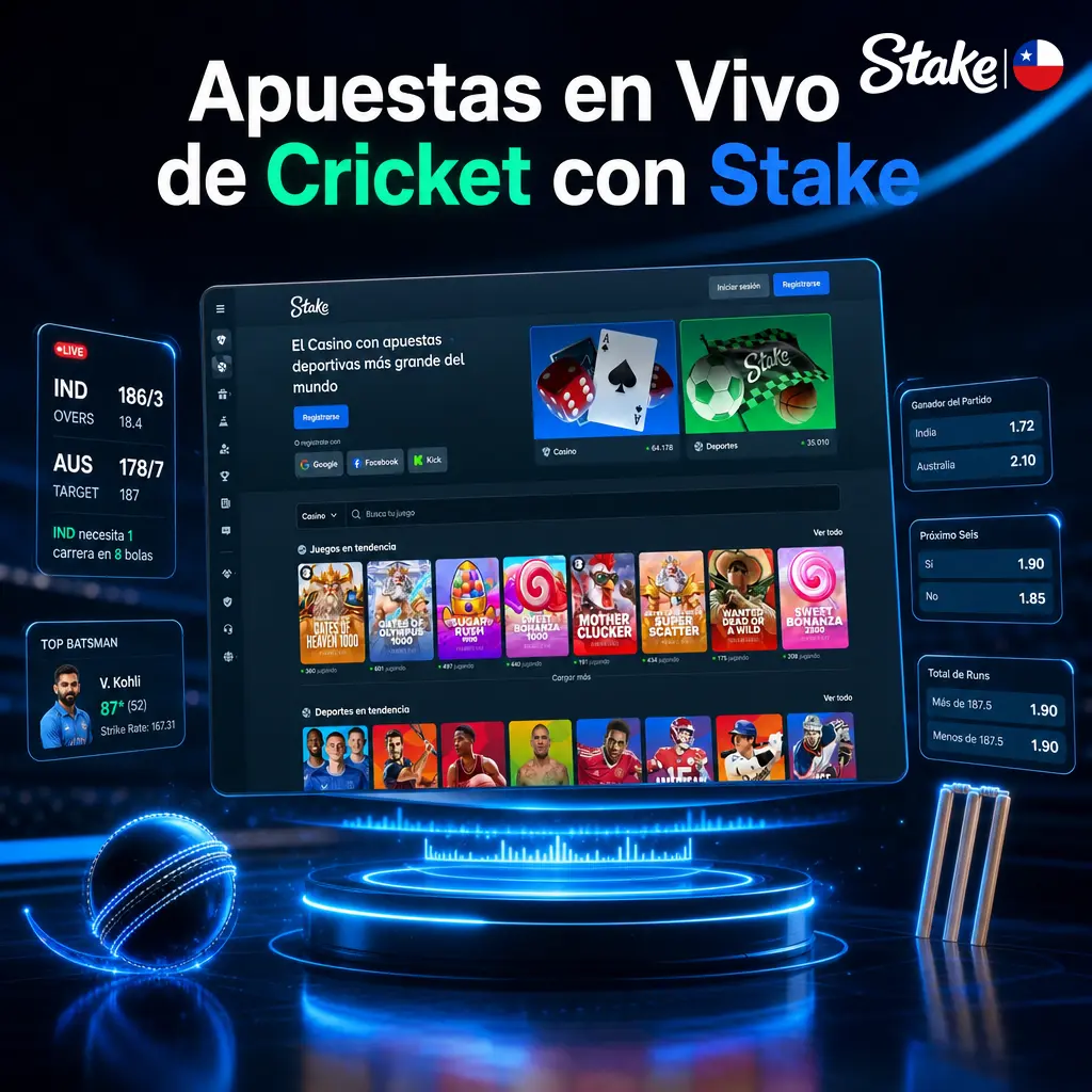 Apuestas en vivo de cricket en Stake con cuotas actualizadas por over, wicket y estadísticas en tiempo real