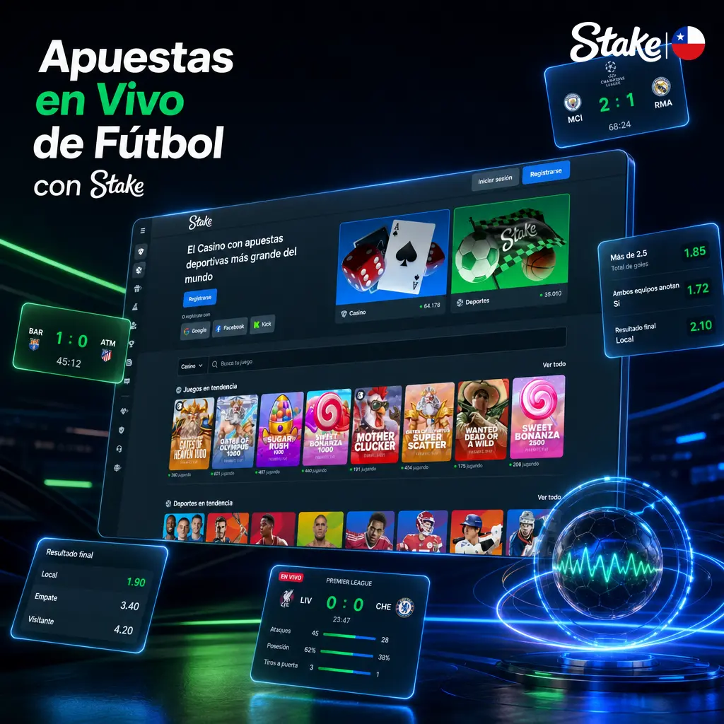 Apuestas en vivo de fútbol en Stake con cuotas dinámicas, estadísticas al instante y opción de Cash Out durante el partido.