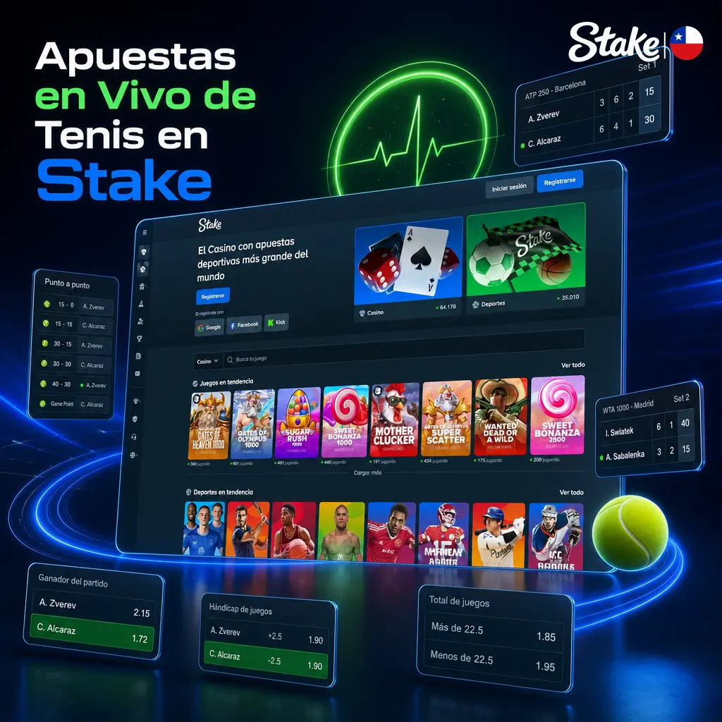 Apuestas en vivo de tenis en Stake con cuotas actualizadas por punto, game y set en ATP, WTA y Grand Slam