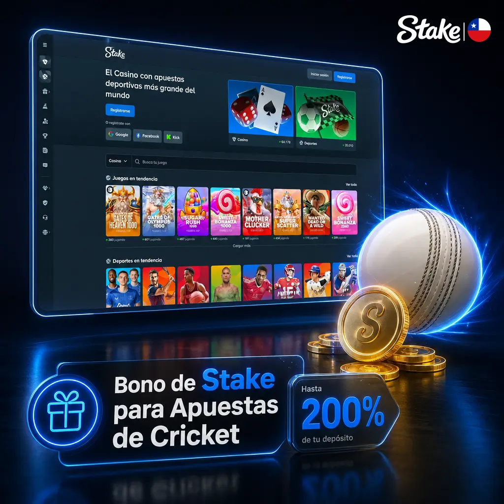 Bono de bienvenida Stake 100% para apuestas de cricket, hasta CLP 450.000 en depósito inicial.