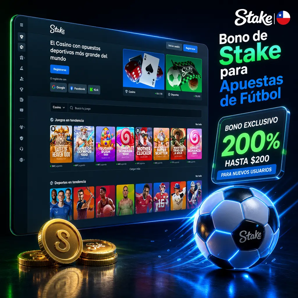 Bono Stake: 100% en el primer depósito hasta CLP 200.000 para apostar en fútbol, con código promocional y rollover de 5x.