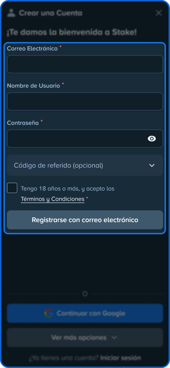 Crea una cuenta y añade el código de referido para obtener un bono adicional de Stake.