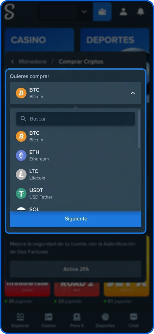 Realiza tu primer depósito para participar en las promociones de Stake y obtener bonos.