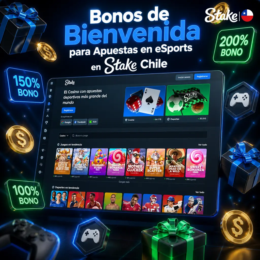 Bonos de bienvenida y programa Rewards para apostar en eSports en Stake Chile, con rakeback y beneficios VIP