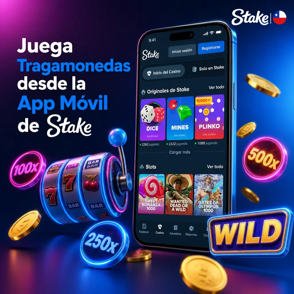 Captura de la app móvil web de Stake mostrando el lobby de tragamonedas con filtros por proveedor y volatilidad