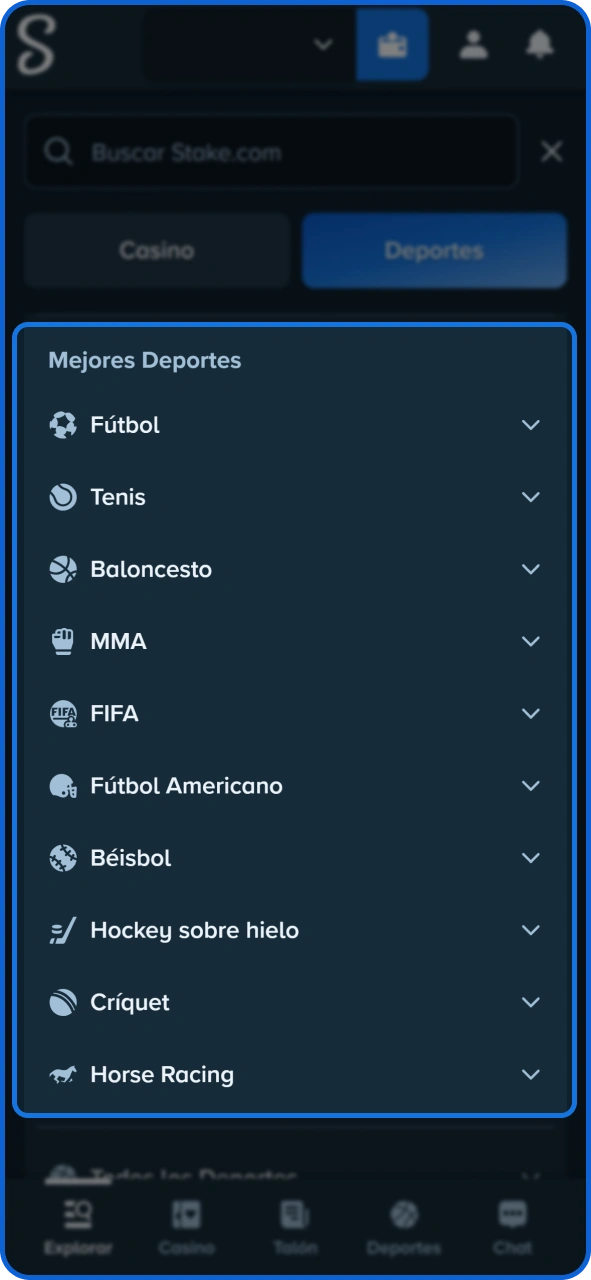 Elige el deporte en el que quieras apostar en la casa de apuestas Stake.
