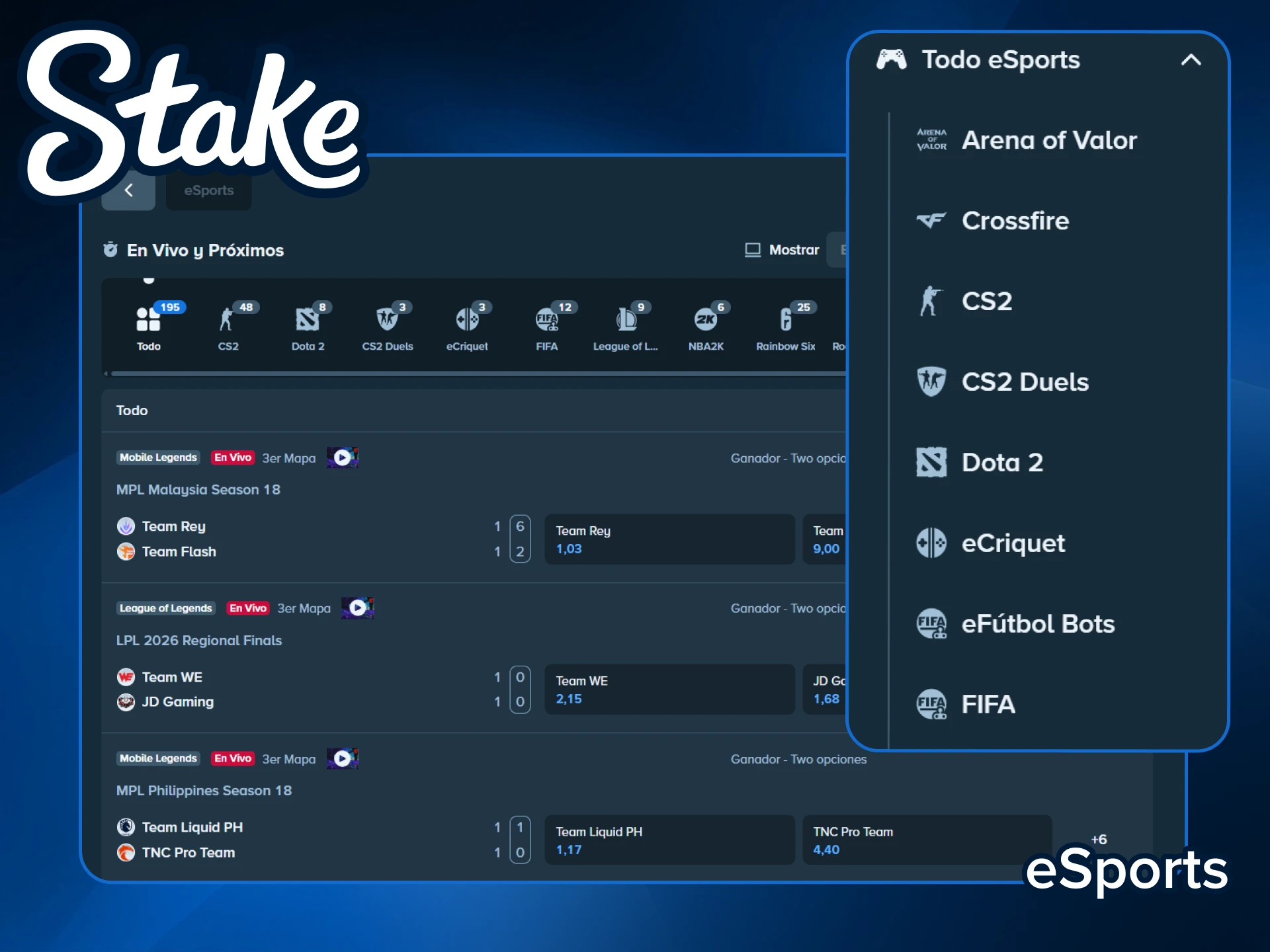 Explora los torneos eSports en Stake y realiza tus apuestas deportivas.