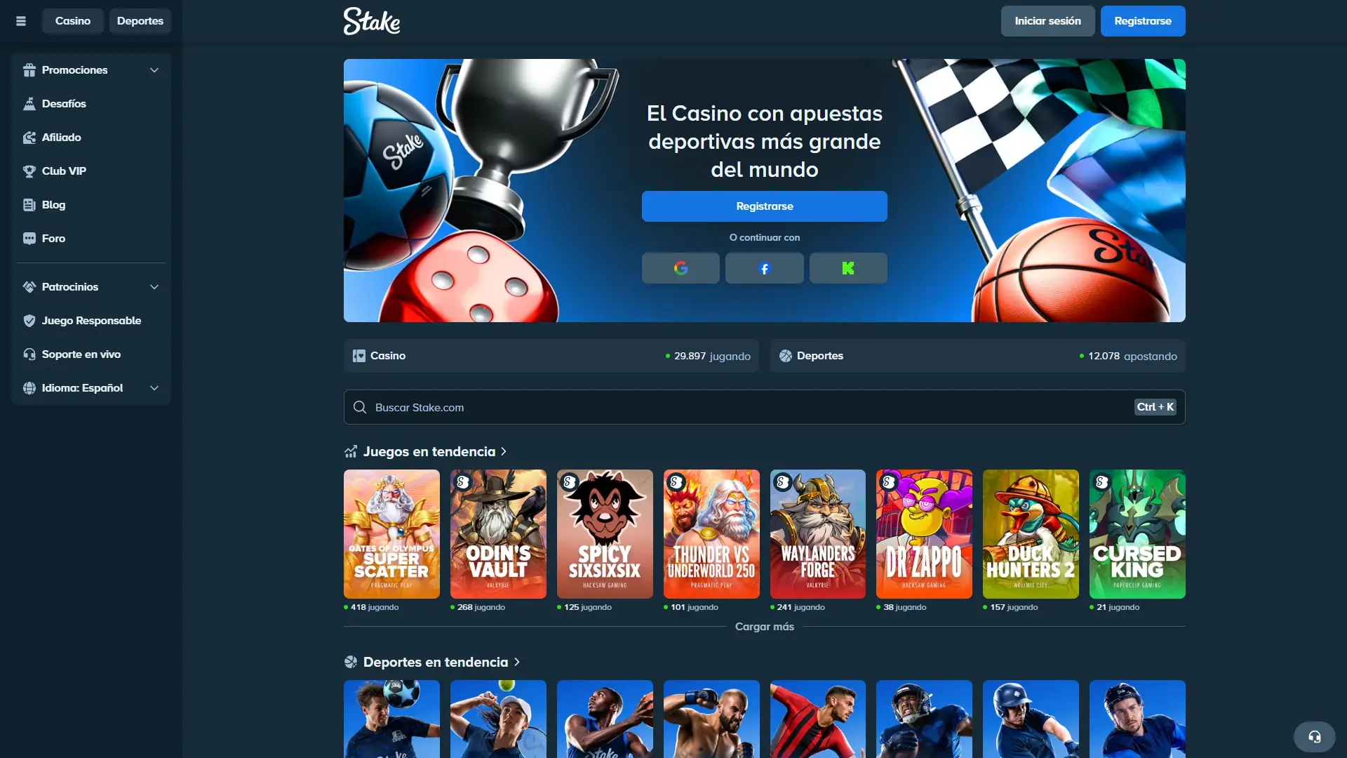 Examina la página principal del casino Stake.