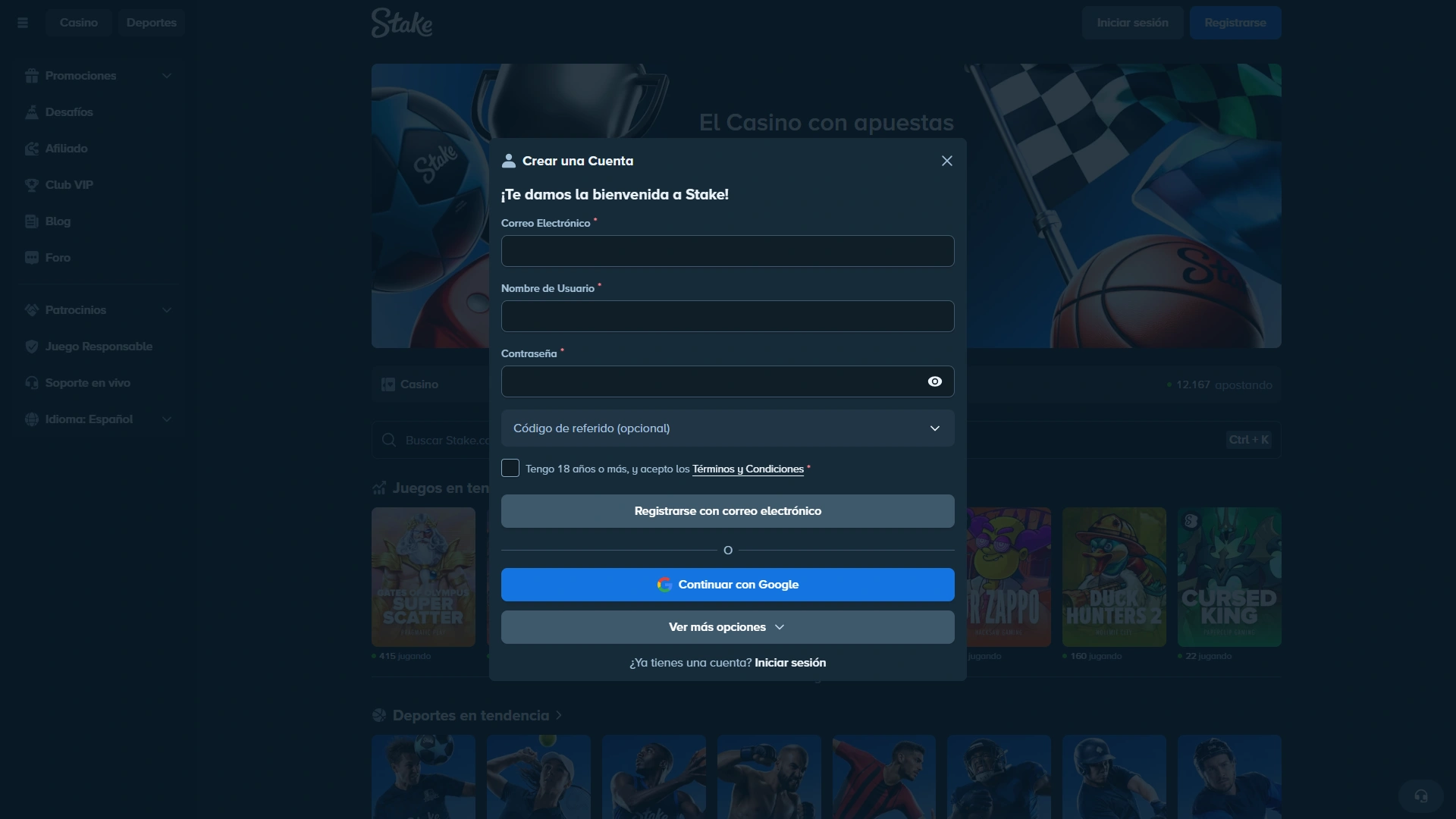 Crea una cuenta en un instante en Stake Casino.