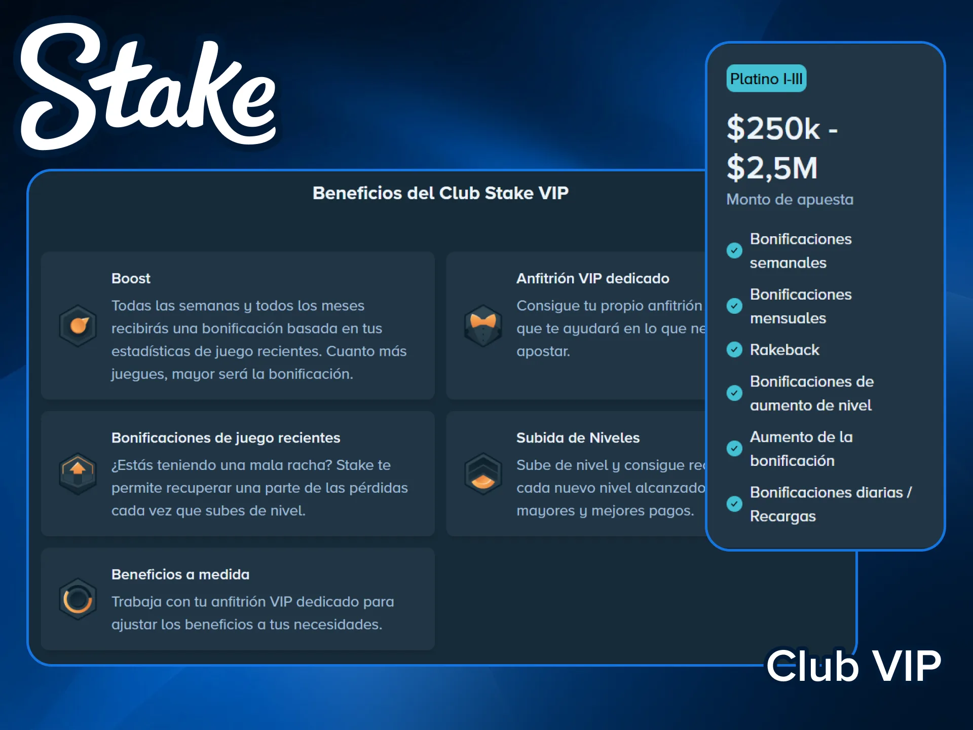 Disfruta del club VIP de Stake con increíbles beneficios y opciones de rakeback.