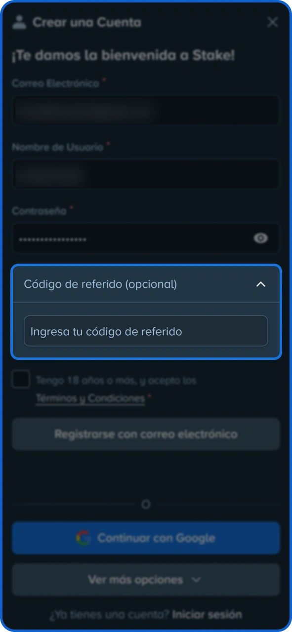 Añade el código promocional para obtener un bono de registro adicional en Stake.