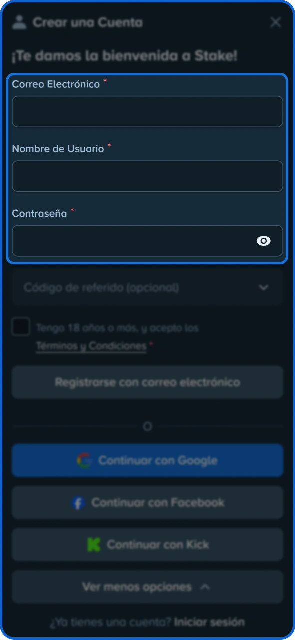 Completa todos los campos del formulario de registro de Stake.