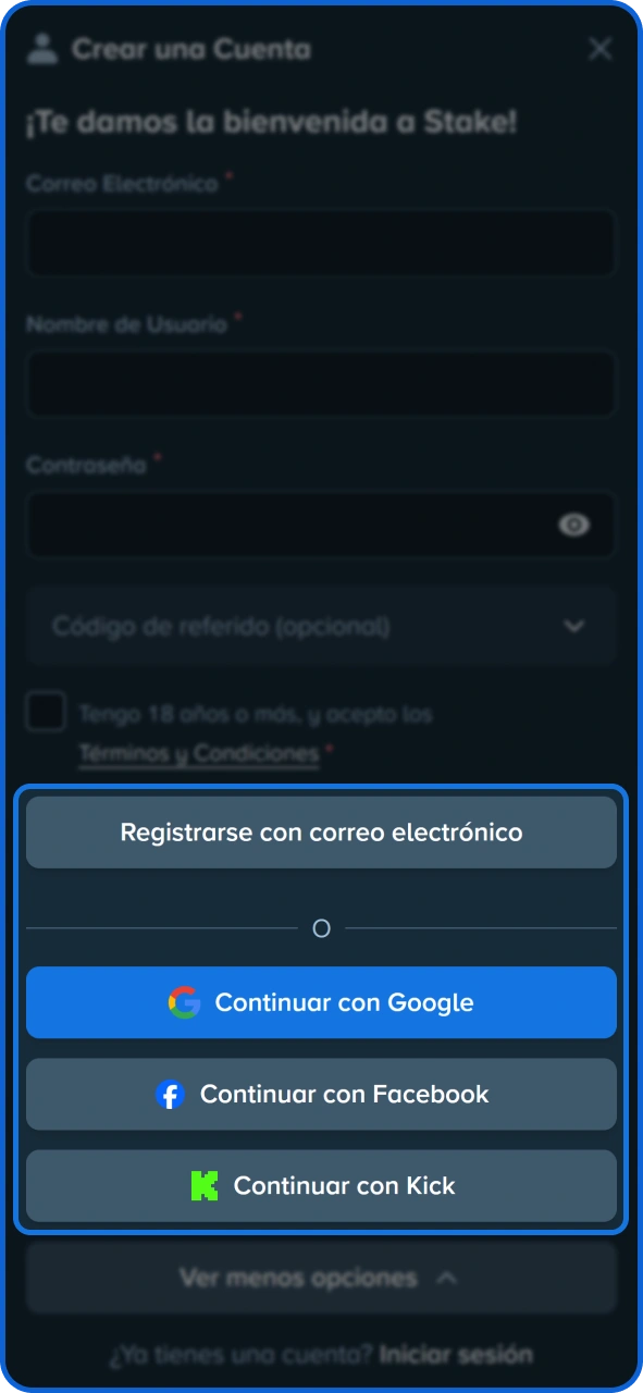 Elija el método de registro en Stake que prefiera.