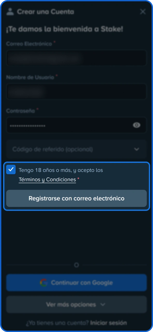 Acepta los términos para finalizar tu registro en Stake.