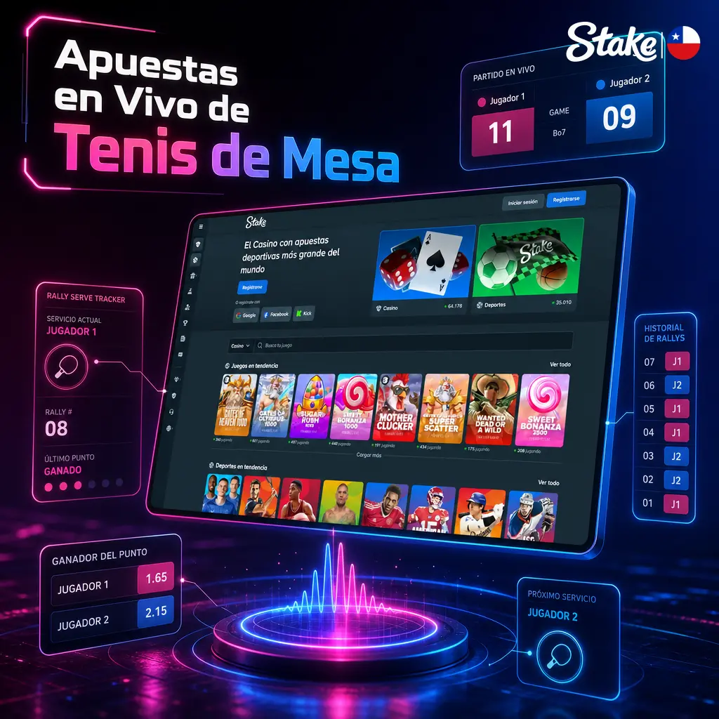 Cuotas en vivo de tenis de mesa en Stake con estadísticas de peloteos, servicio y errores no forzados por set.