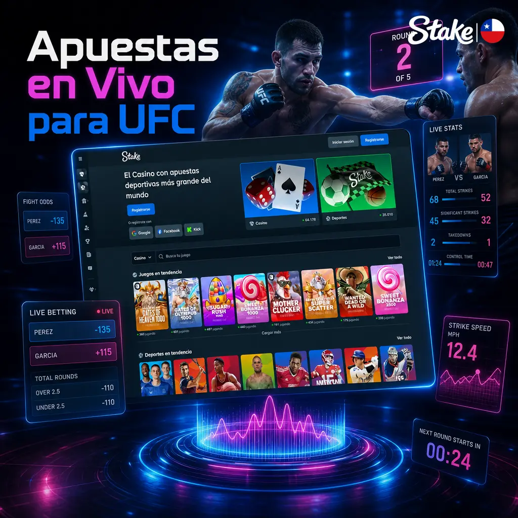 Apuestas en vivo para UFC en Stake: cuotas por round, estadísticas de golpes y cupón rápido en web y app móvil.