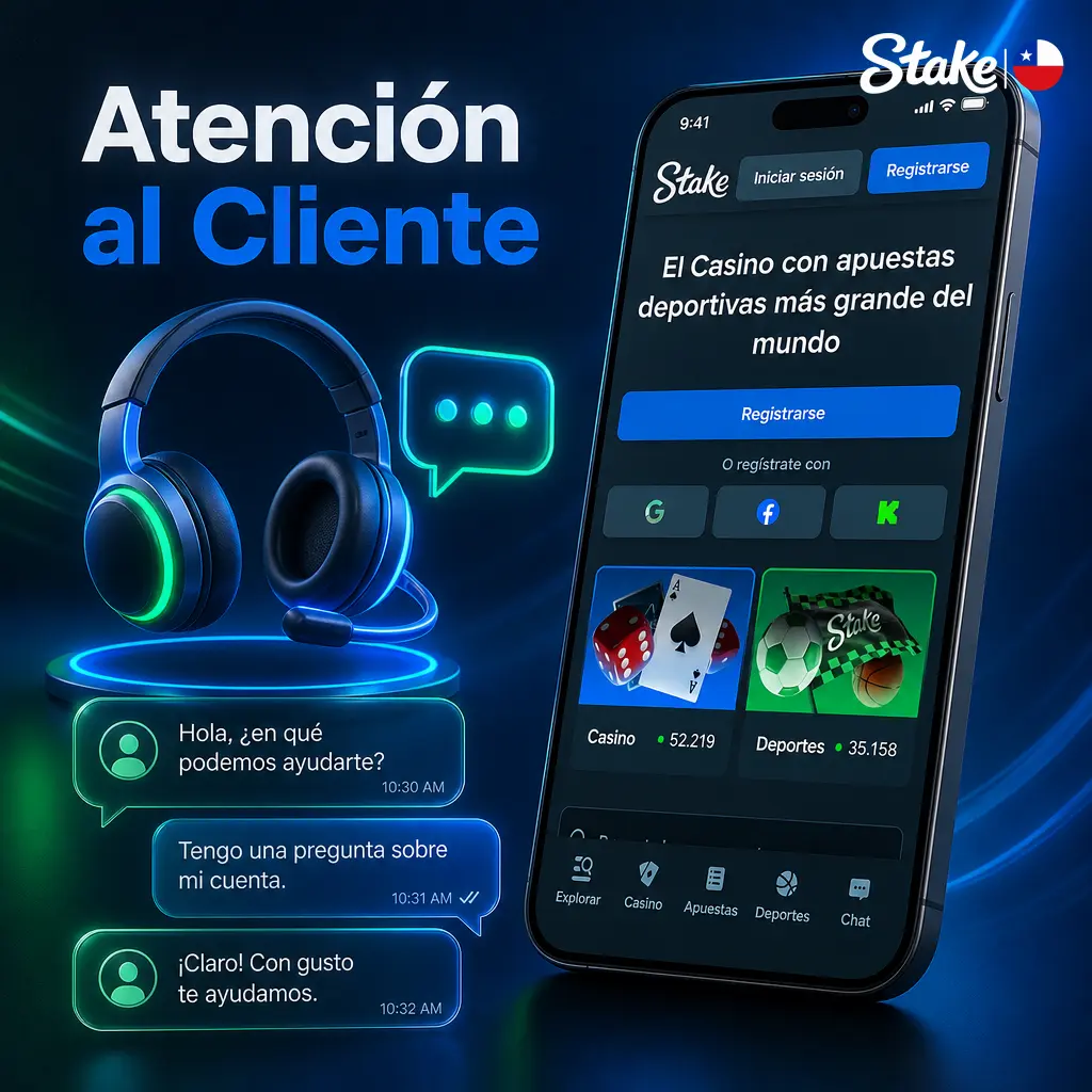 Equipo de atención al cliente de Stake disponible para ayudarte con retiros, verificación y consultas por chat o correo