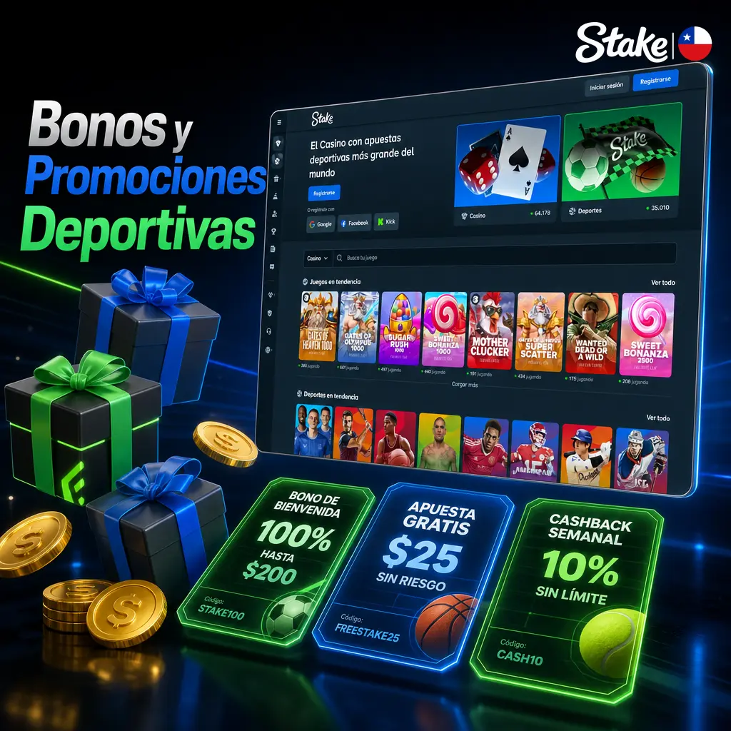 Bonos y promociones deportivas de Stake: bienvenida, rakeback semanal, recompensas VIP y seguro de apuesta combinada.