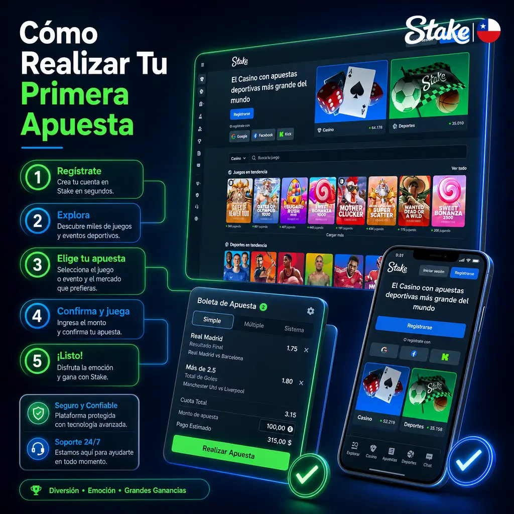 Guía paso a paso para realizar tu primera apuesta deportiva en Stake, desde el registro hasta confirmar tu boleto.