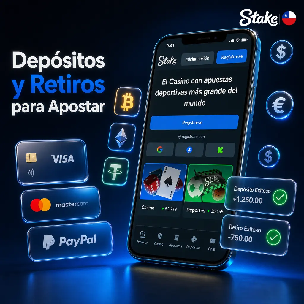 Pasos para depositar y retirar criptomonedas en Stake usando BTC, ETH, USDT y AstroPay desde Chile de forma rápida y segura.