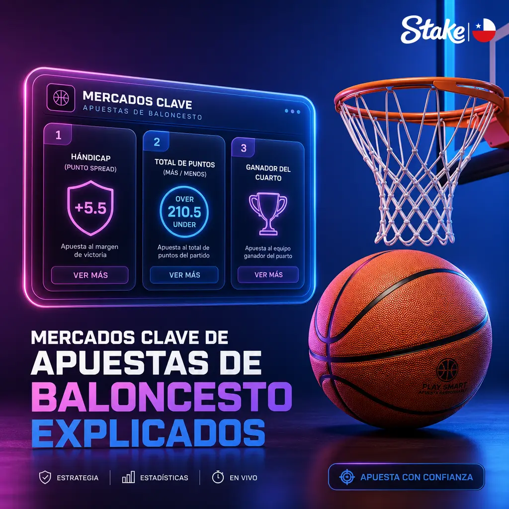 Mercados de apuestas de baloncesto en Stake: hándicap, moneyline, over/under, por cuarto, props de jugador y margen de victoria.