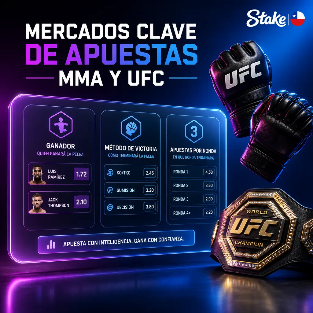 Mercados de apuestas MMA y UFC en Stake: ganador, método de victoria, rounds y más opciones de cuotas para combates.