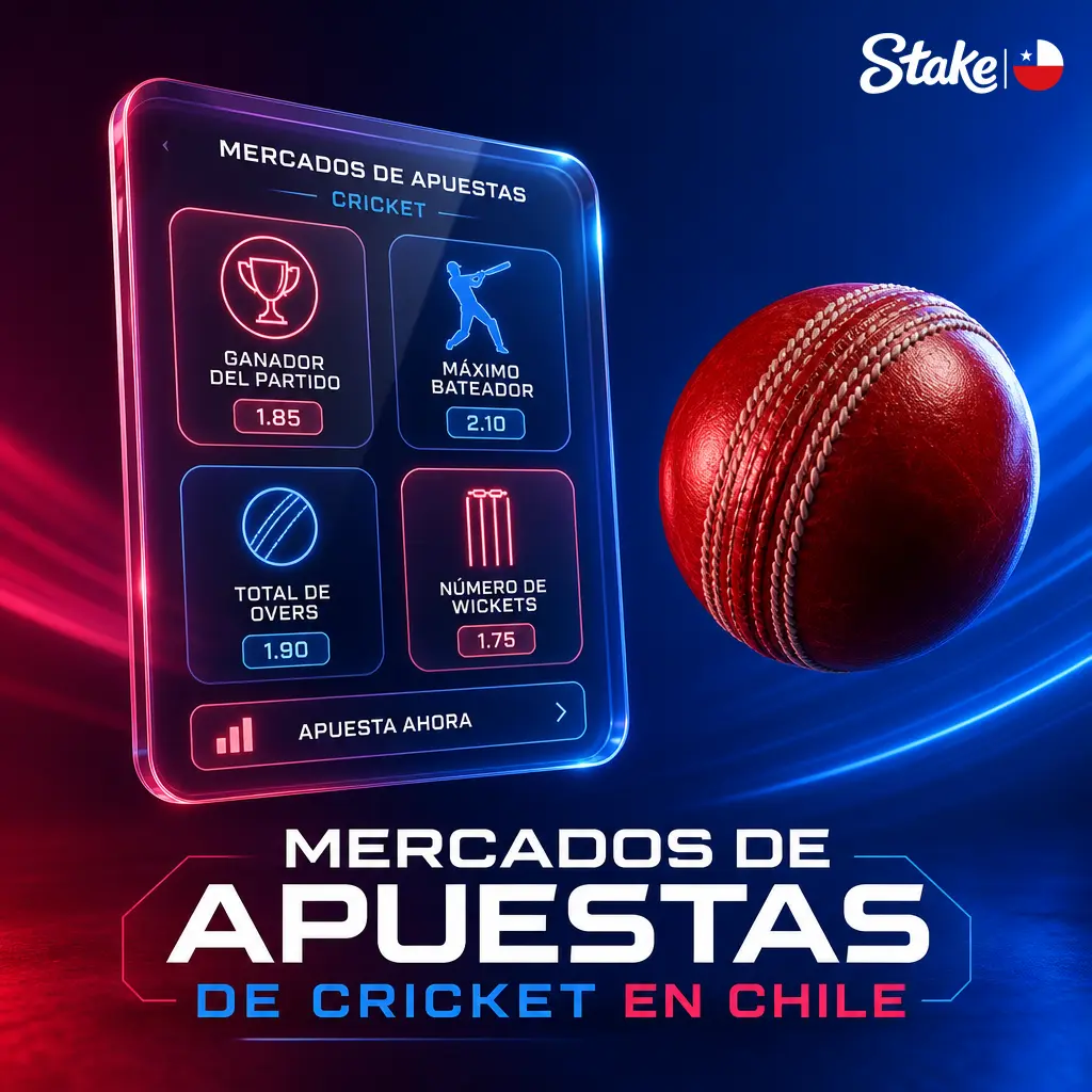 Mercados de apuestas de cricket en Stake Chile: ganador, máximo bateador, total de carreras, wickets y más para IPL y Big Bash.