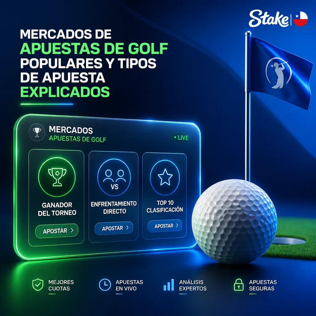 Mercados de apuestas de golf en Stake: ganador, each-way, head-to-head, top 5/10/20, líder de ronda y hoyo en uno.