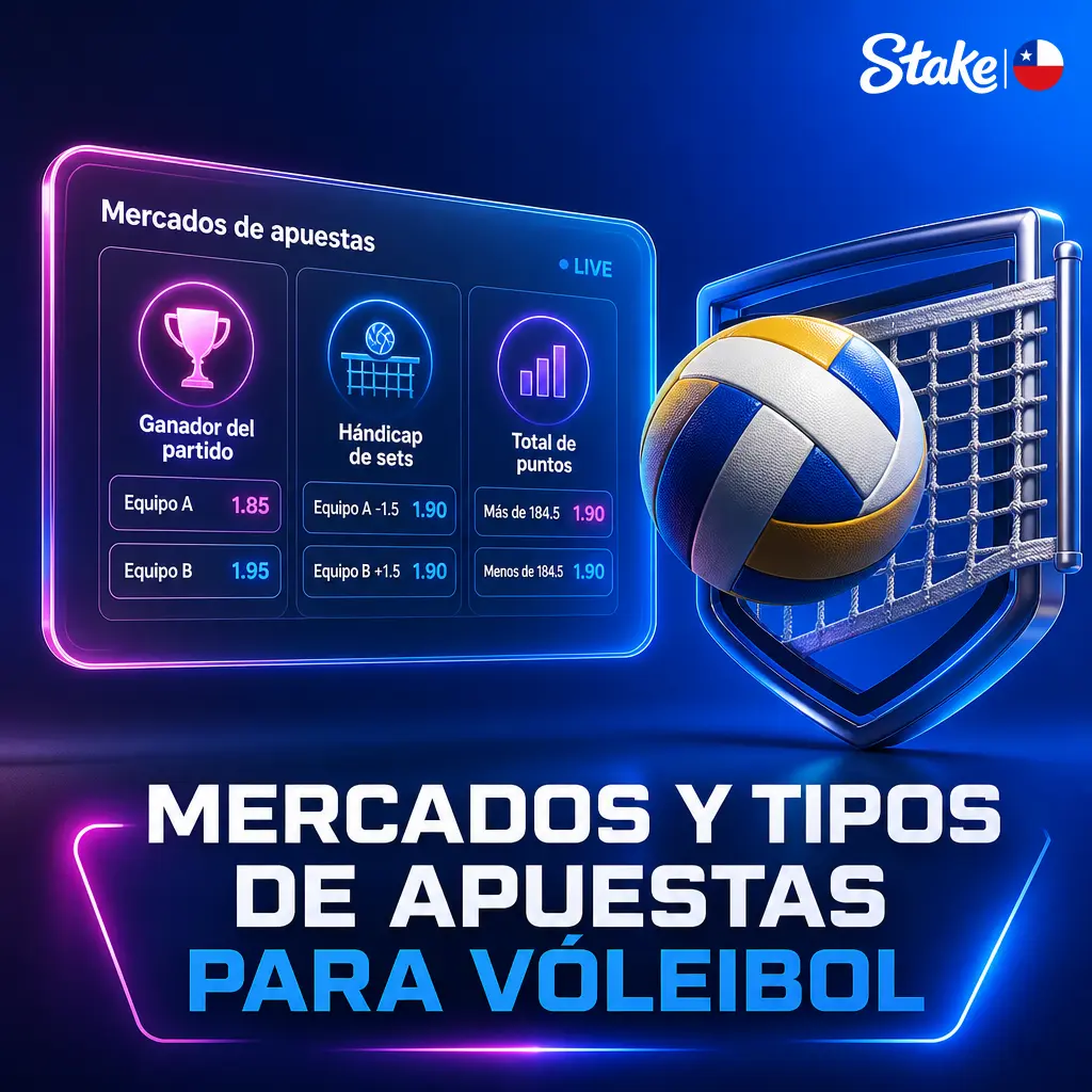 Mercados de apuestas de vóleibol en Stake sports: ganador, hándicap, total de sets, puntos y marcador exacto en Chile.