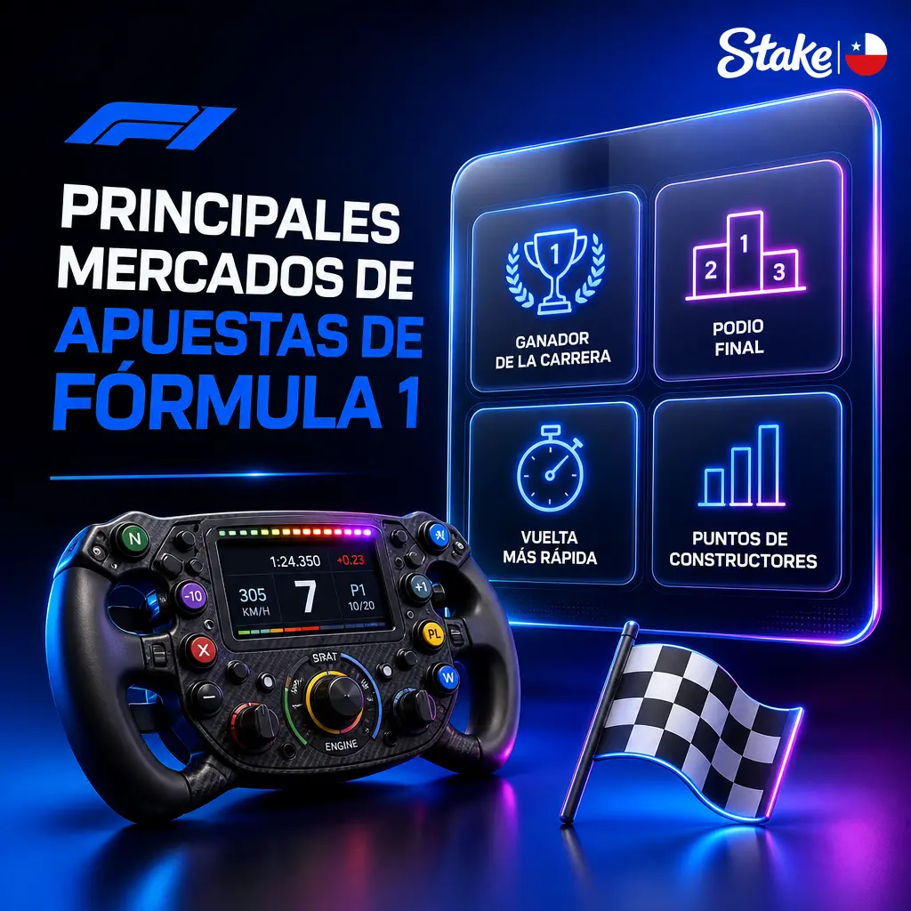 Principales mercados de apuestas de Fórmula 1 en Stake: ganador, podio, vuelta rápida, clasificación, cabeza a cabeza y constructores.
