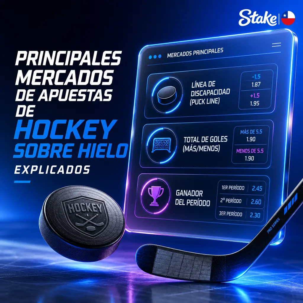 Guía de los principales mercados de apuestas de hockey sobre hielo en Stake: moneyline, puck line, total de goles y más.