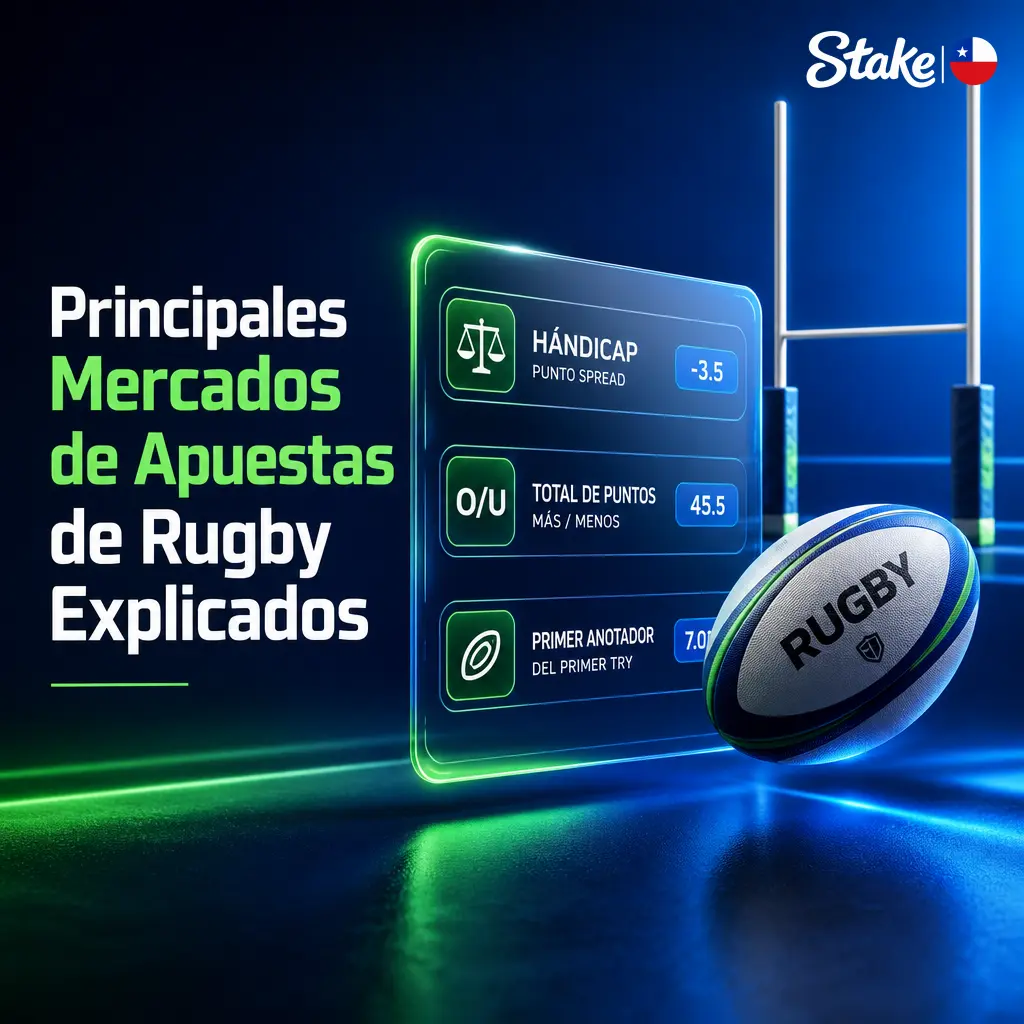 Mercados de apuestas de rugby en Stake: hándicap, moneyline, total de puntos, primer anotador de try y margen de victoria.