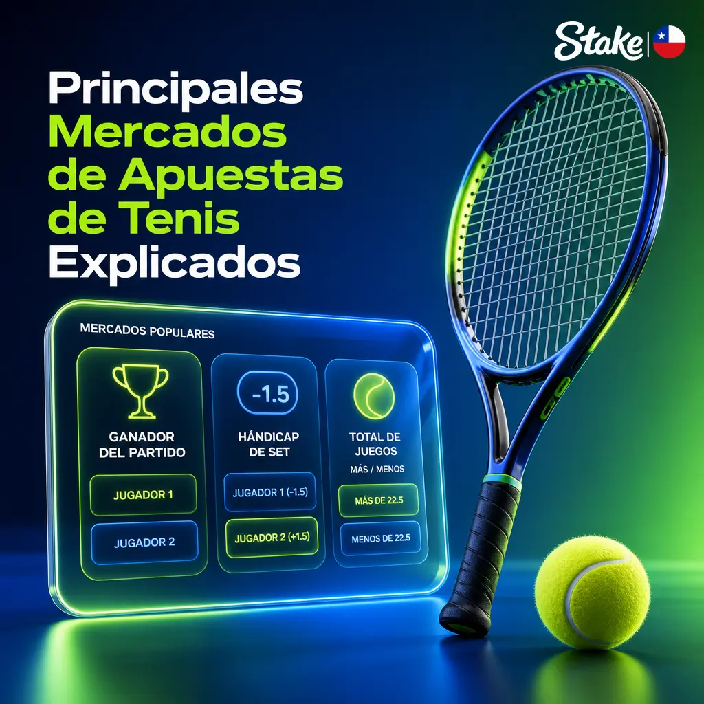 Guía de los principales mercados de apuestas de tenis en Stake: ganador del partido, sets, games y hándicap explicados.