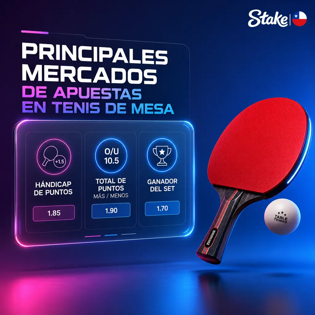 Cuotas y mercados de apuestas en tenis de mesa en Stake: ganador, hándicap, total de puntos y marcador exacto de sets.
