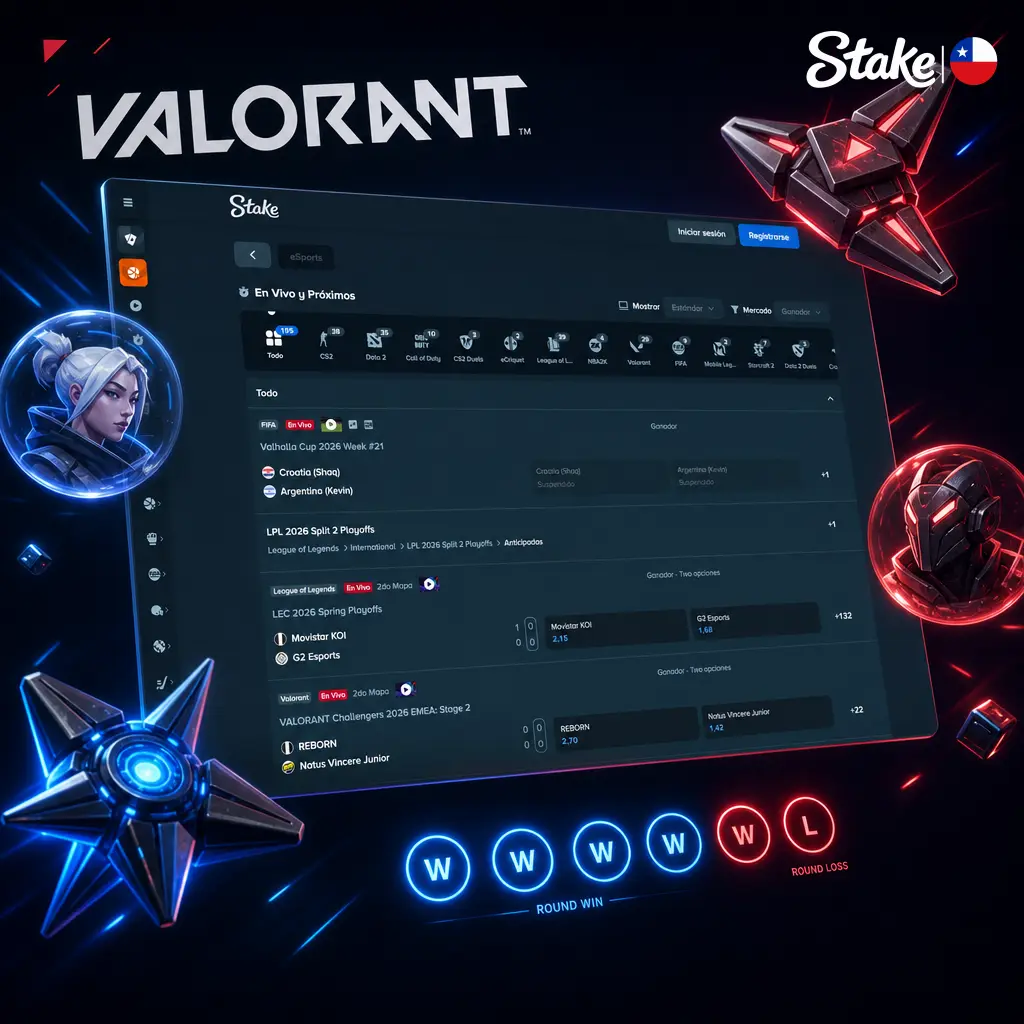 Apuestas eSports de Valorant en Stake: ganador de mapa, hándicap de rounds y torneos VCT en vivo